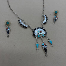 Load image into Gallery viewer, Zuni Necklace &amp; Earrings Signed R Lateyice (Silver, Onyx, Mother of Pearl, Turquoise, Coral)
