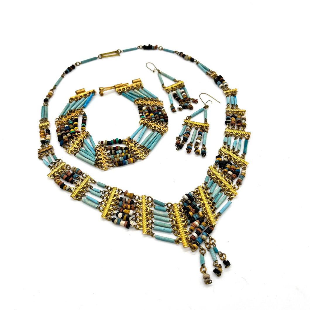 Vintage Art Deco Egyptian Revival Faience Necklace, Bracelet, Earrings Set