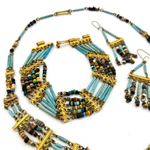 Load image into Gallery viewer, Vintage Art Deco Egyptian Revival Faience Necklace, Bracelet, Earrings Set
