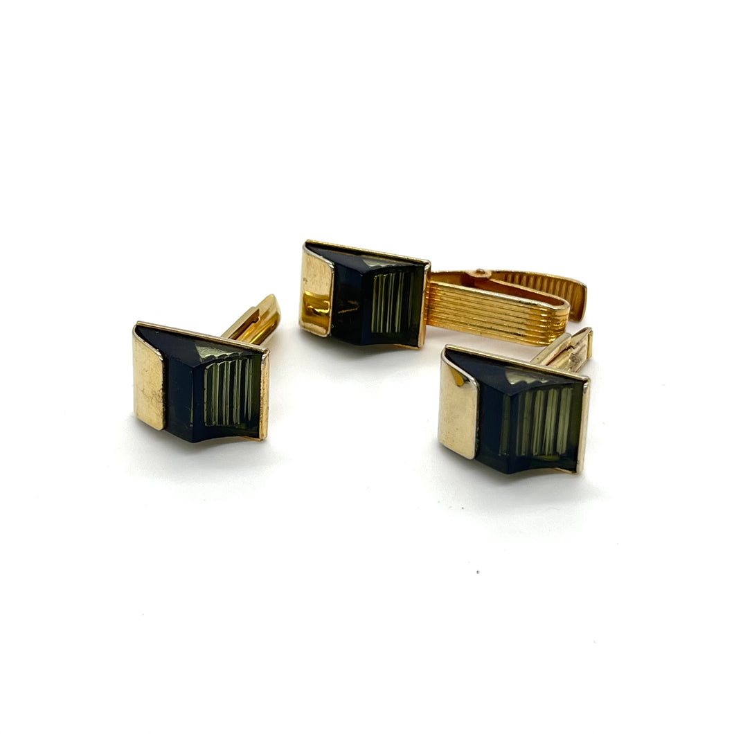 Signed SAC Black Lucite Encased Stairs Cufflinks and Tie Clip