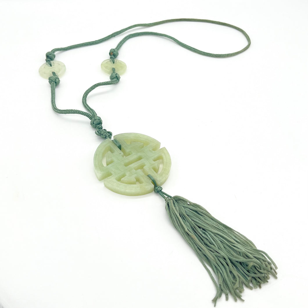 Chinese Hand-Carved Jade Pendant on Silk Necklace