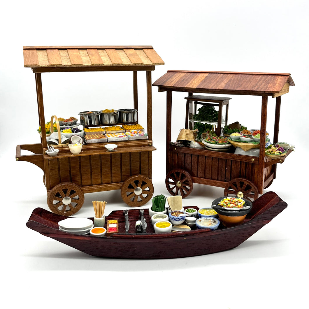 Rare Dollhouse Street Food Cart, Trolly & Boat Set of 3 (Local Pickup Suggested)