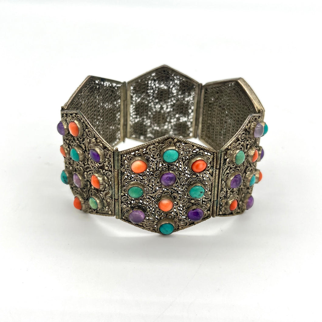 Coral, Turquoise, and Amethyst Filagre Bracelet