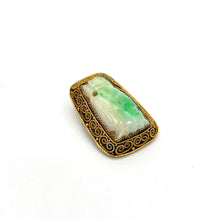 Load image into Gallery viewer, Chinese Carved Jade Silver Gilded Filagree Brooch 1930-45
