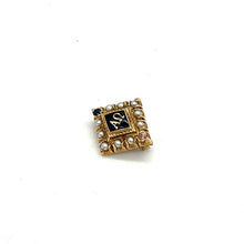 Load image into Gallery viewer, Alpha Omega 10k Gold Pin w/ Pearl Seed Beads, Blue &amp; White Sapphire Inscribed 11/23/36
