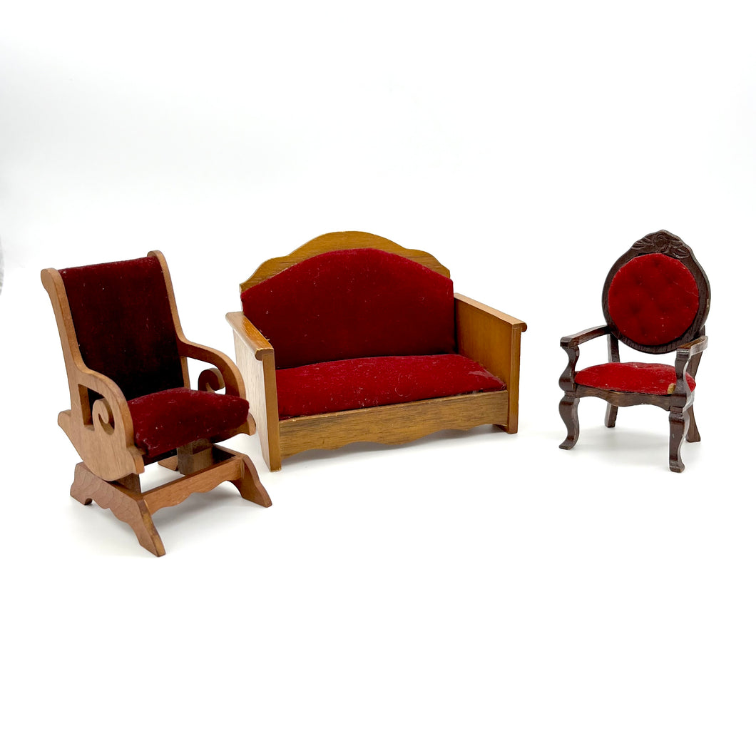 Vintage Spooky Miniature Red Velvet Living Room Set