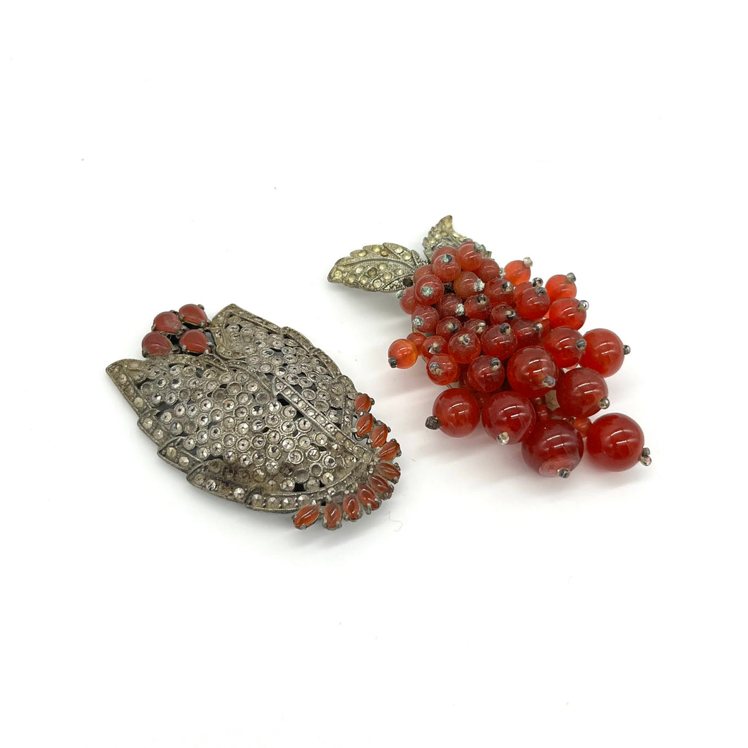 Antique Art Deco Fur Clip Set (Silver, Marcasite, & Carnelian)