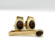 Load image into Gallery viewer, Goldtone and Brown Lucite Cuff Links and Tie Clip
